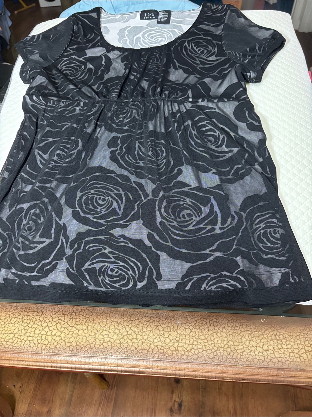R-Q-T Black Sheer Rose Print Mesh Top